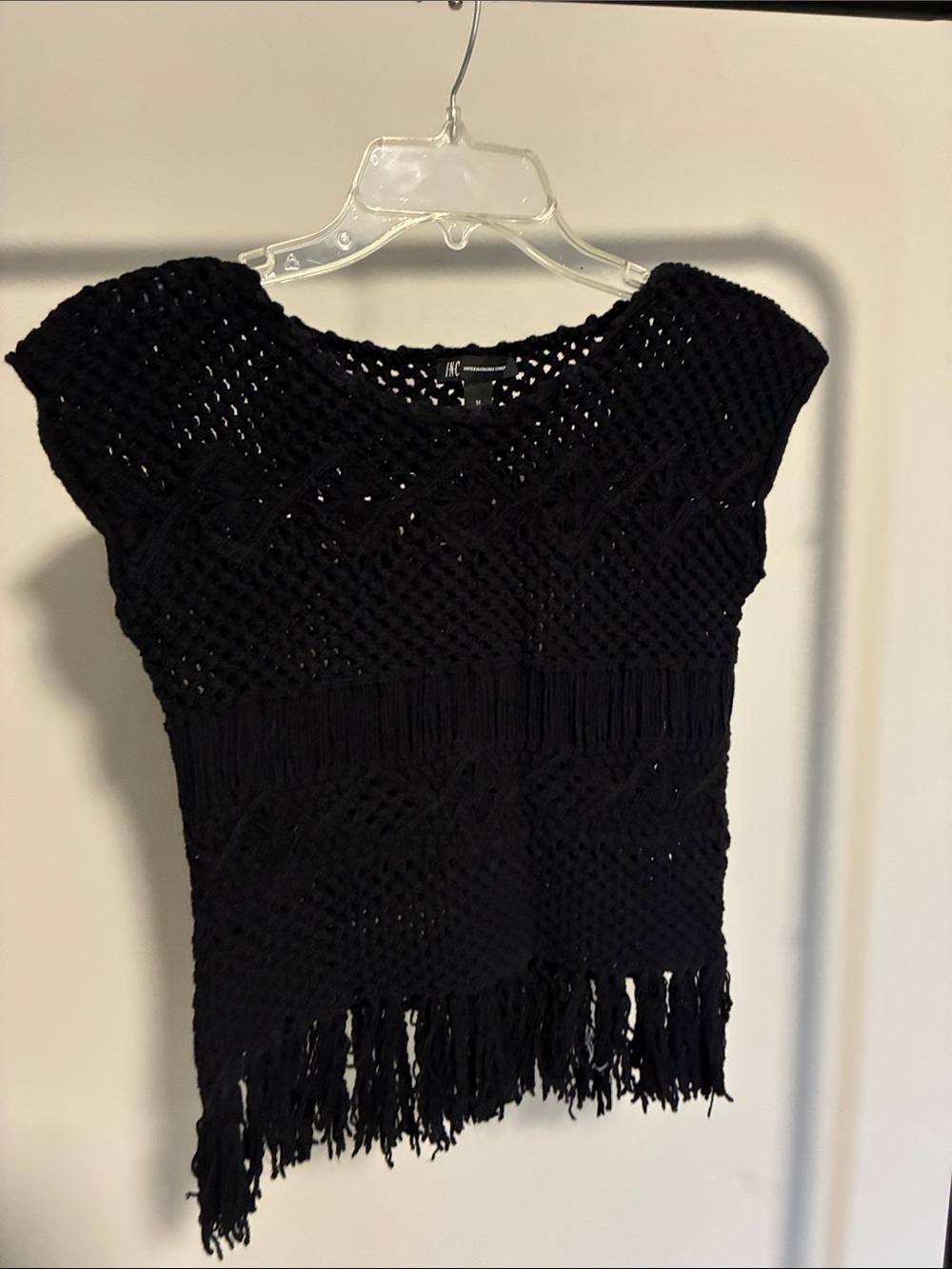 INC International Concepts Black Crochet Fringe Short-Sleeve Crop Top